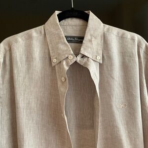 MENS SALVATORE FERRAGAMO SIZE L BEIGE LINEN DRESS SHIRT TAILOR FIT